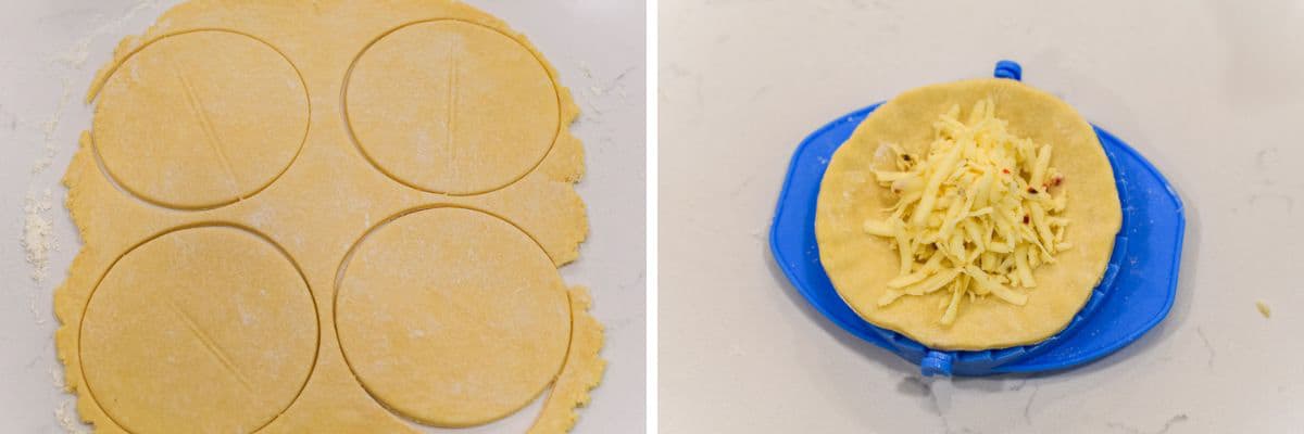 process shots of rolling out dough and cutting out circles before adding cheese and folding