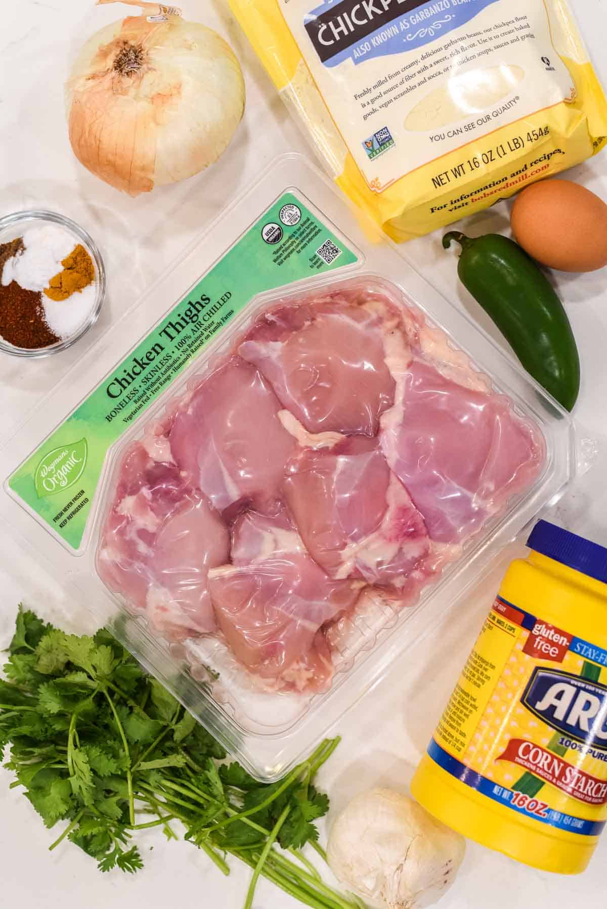 overhead shot of ingredients for chicken pakora