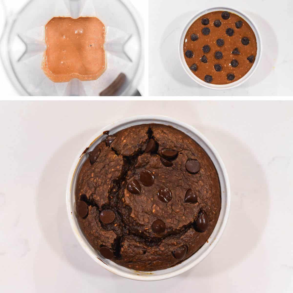process shots of blending ingredients in blender before adding to ramekin and baking