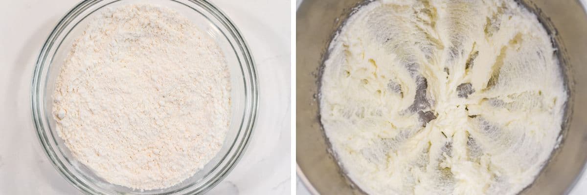process shots of mixing dry ingredients before beating together butter, oil and sugar in bowl