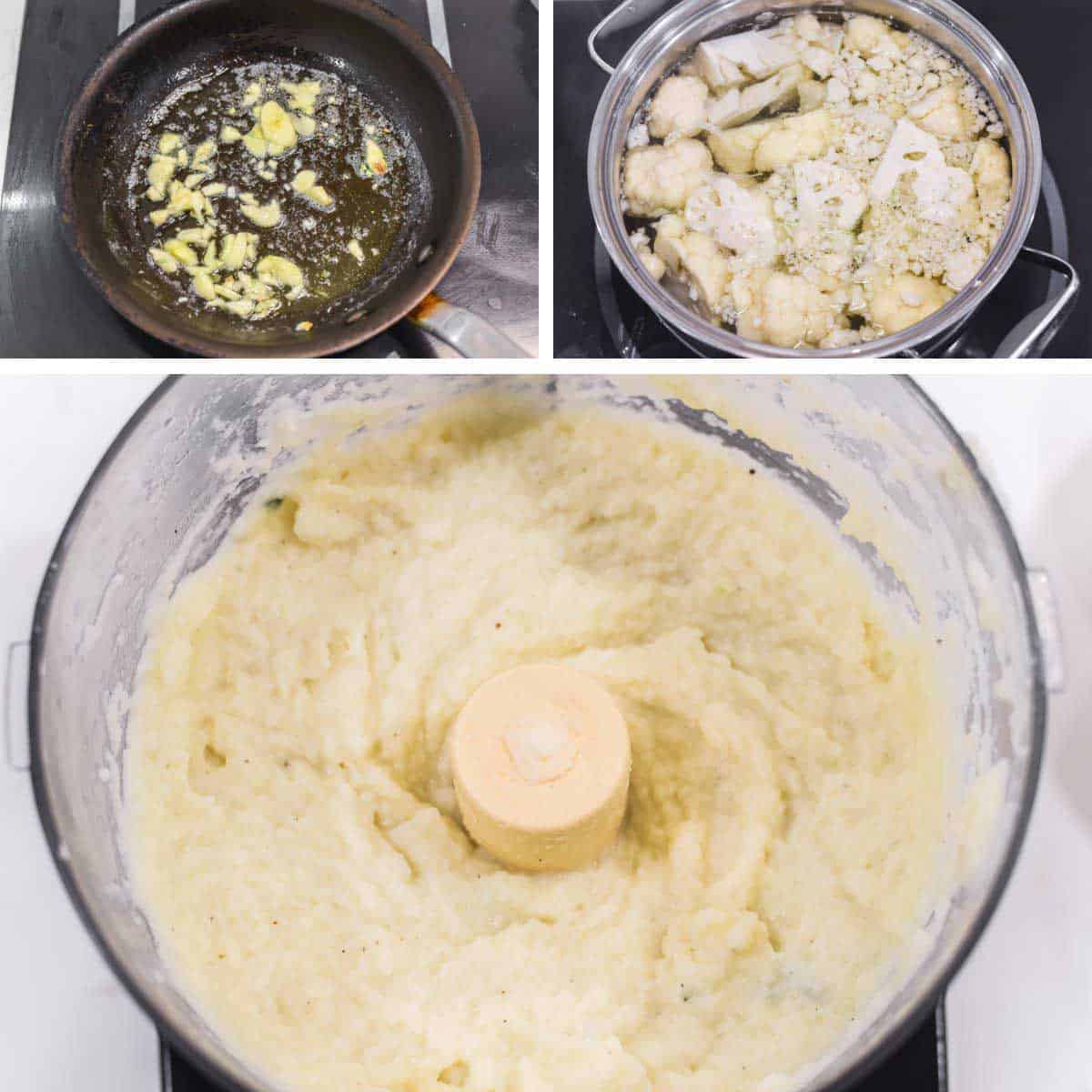 process shots of cooking garlic before boiling cauliflower and pureeing in food processor
