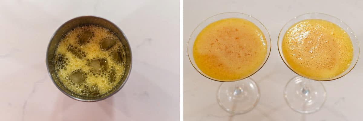 process shots of adding ingredients to cocktail shaker and shaking until combined before adding to glasses