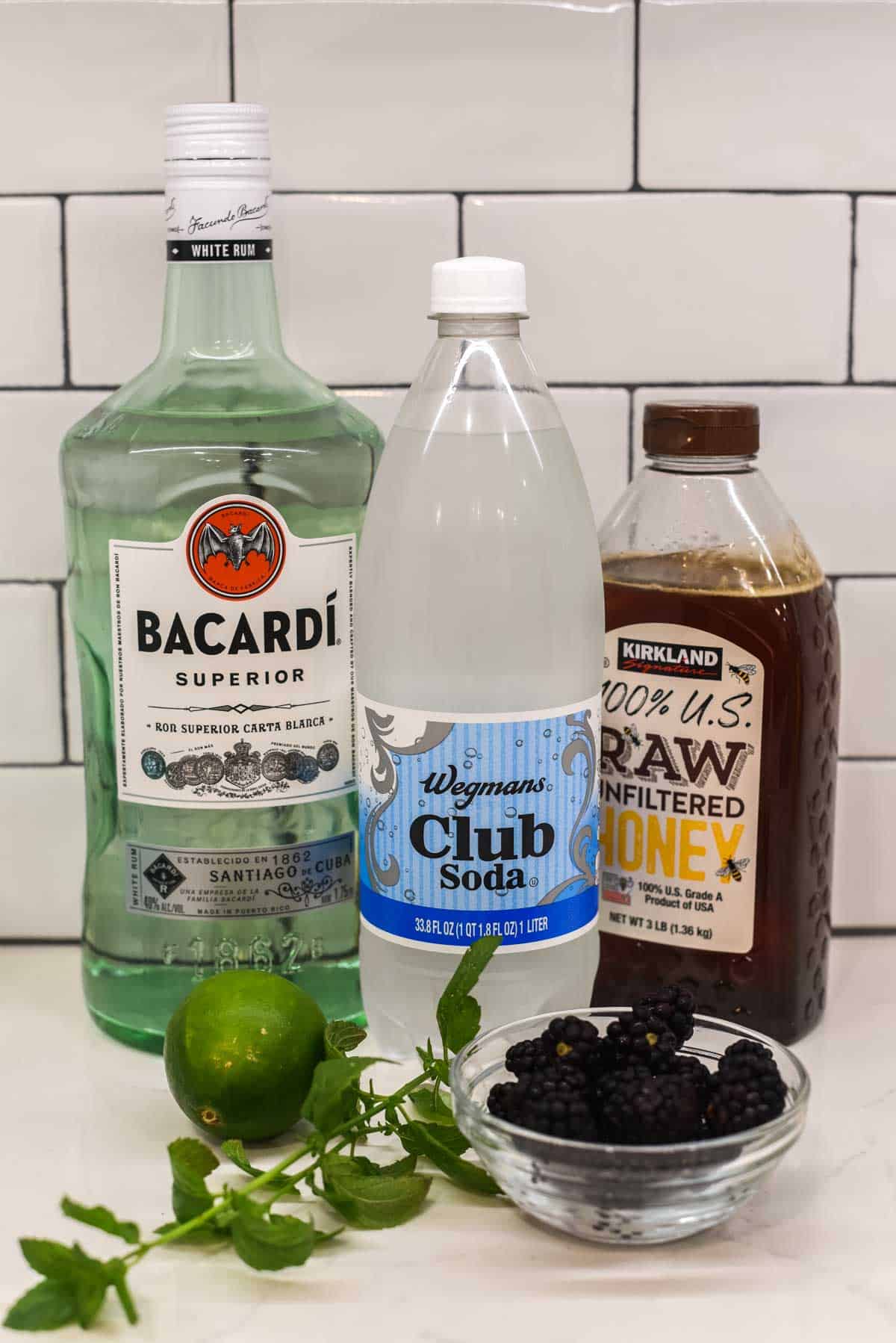 shot of ingredients for blackberry mojito