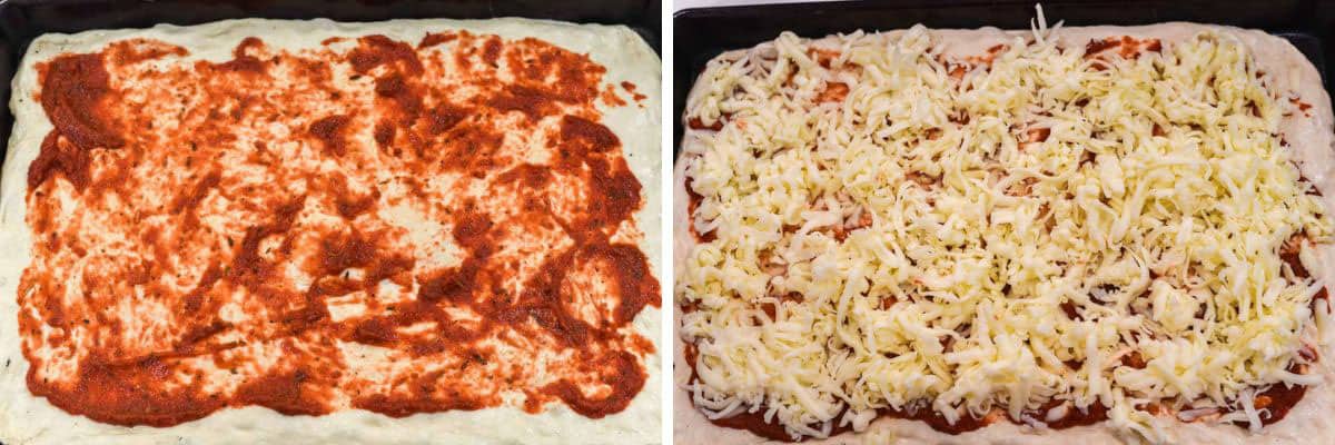 process shots of spreading sauce and then cheese over top the pizza dough in a baking sheet