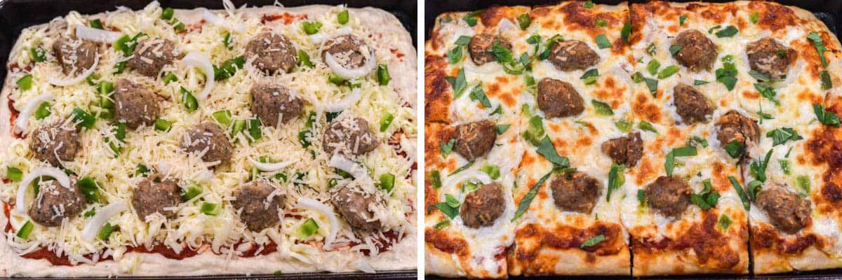 process shots of adding meatballs, onion and pepper to pizza before baking in baking sheet