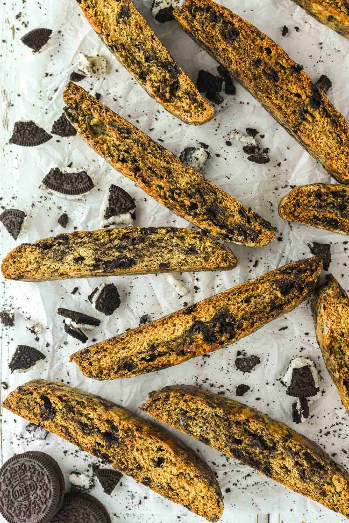 overhead shot of Oreo biscotti on parchment paper