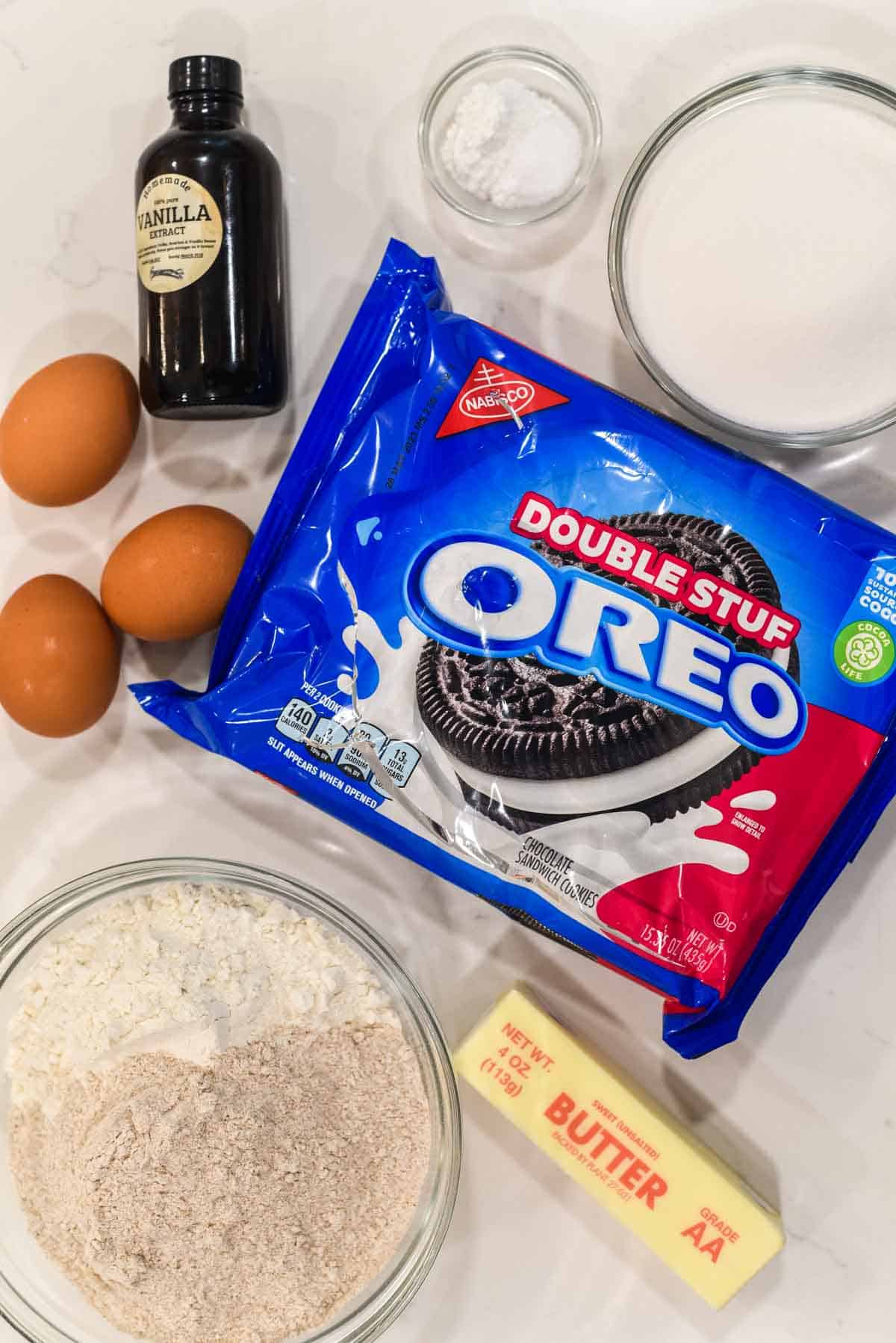 overhead shot of ingredients for Oreo biscotti