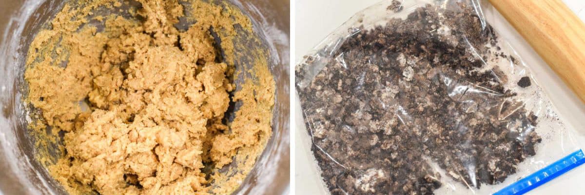 process shots of adding dry ingredients to bowl and crushing Oreos in plastic bag