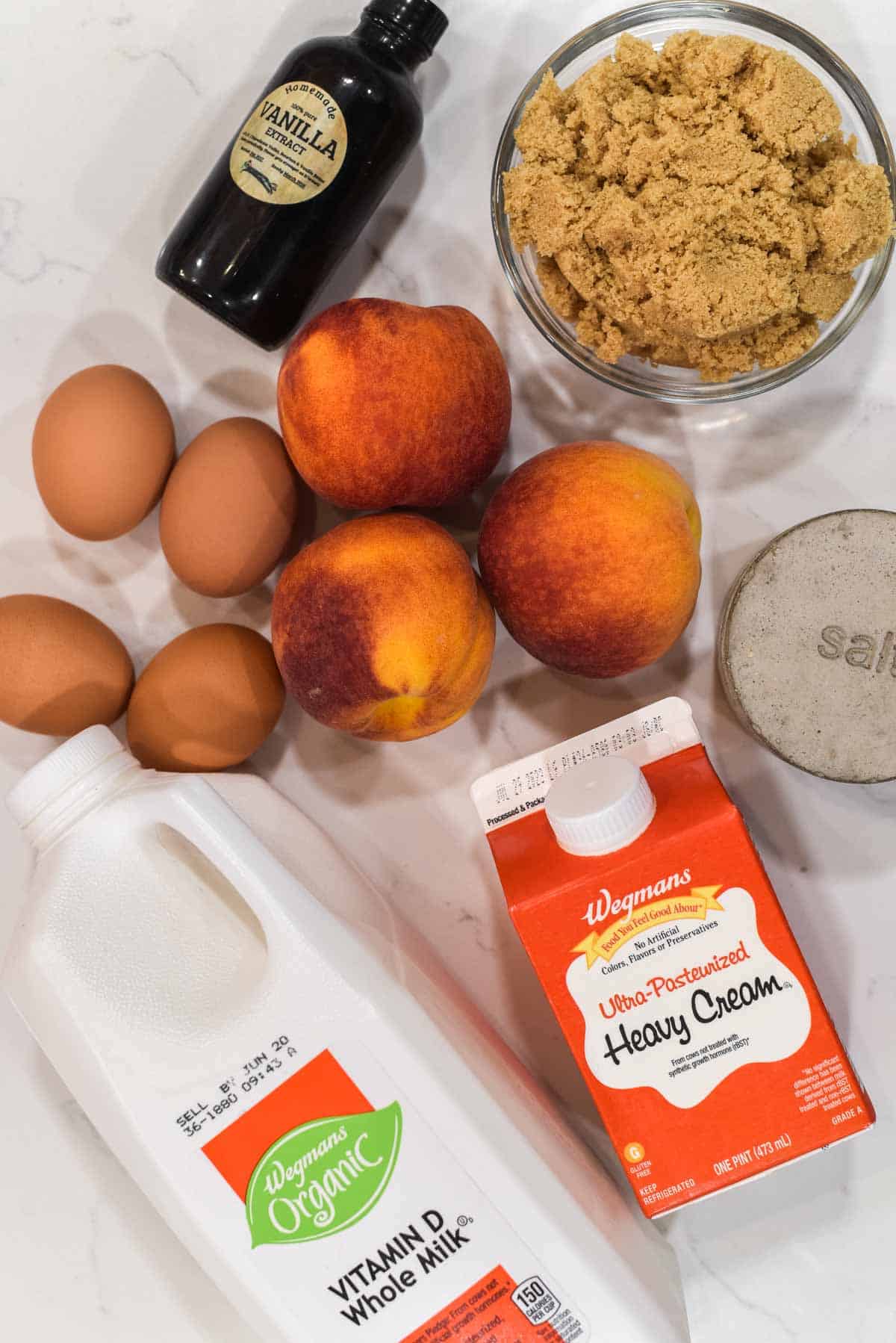 overhead shot of ingredients for peach ice cream