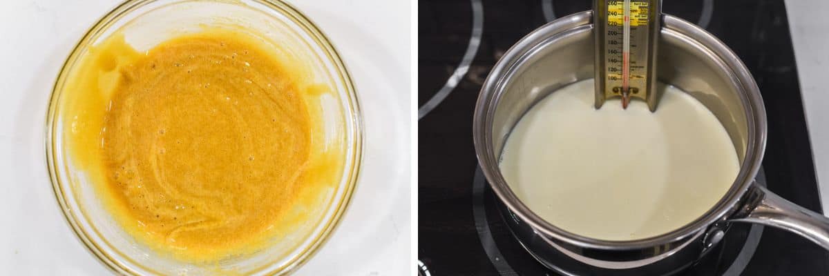 process shots of whisking egg yolks with sugar before heating up cream and milk in saucepan
