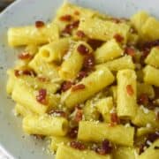 close-up of rigatoni carbonara in speckled plate