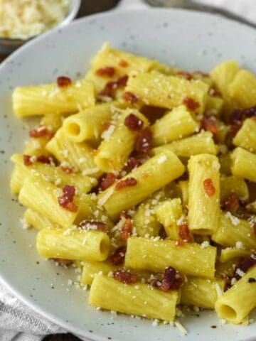 close-up of rigatoni carbonara in speckled plate