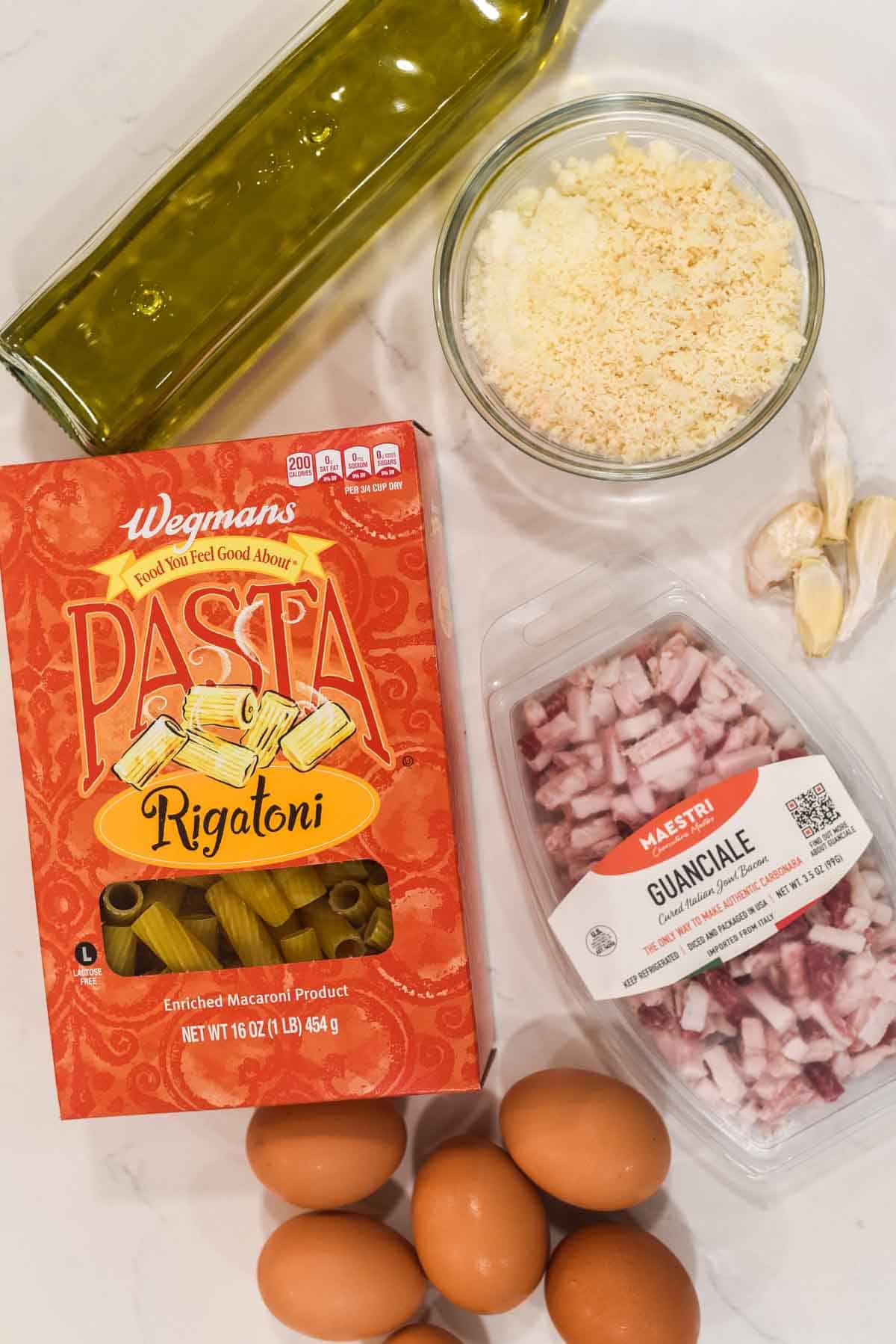 overhead shot of ingredients for rigatoni carbonara