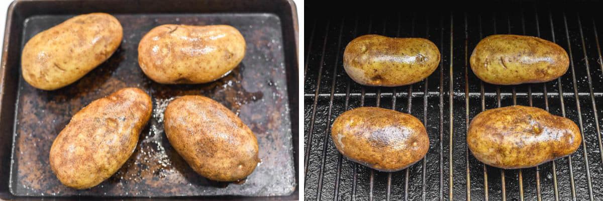 process shots of poking potatoes before coating in oil and salt and placing in smoker