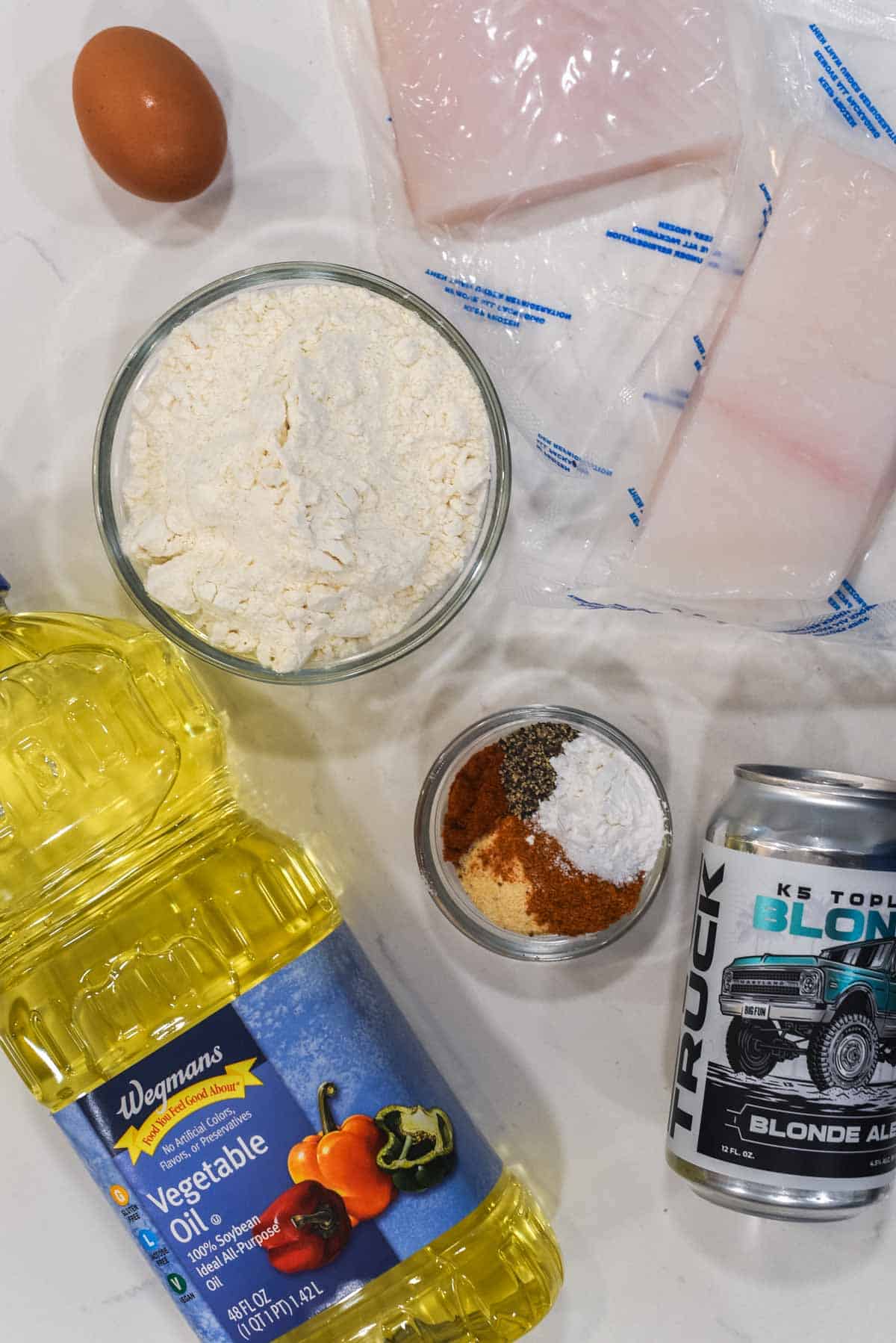 overhead shot of ingredients for beer battered halibut