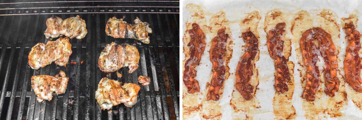 process shots of grilling chicken and baking bacon in sheet pan with parchment paper