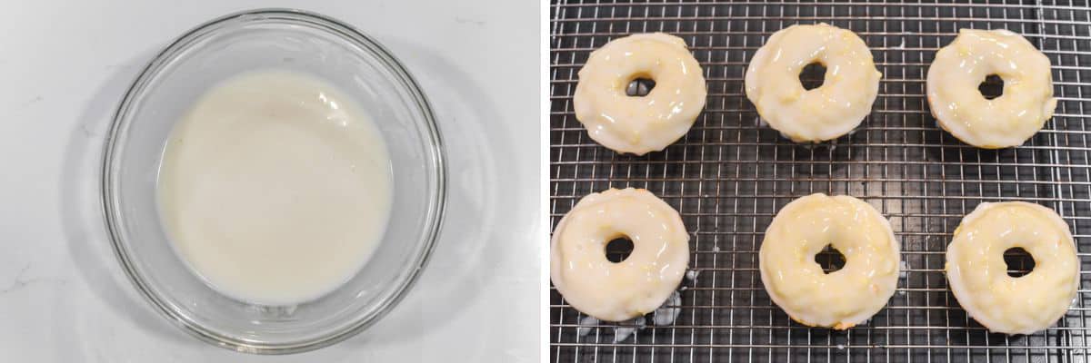 process shots of making lemon glaze and dipping donuts in it and placing on wire rack