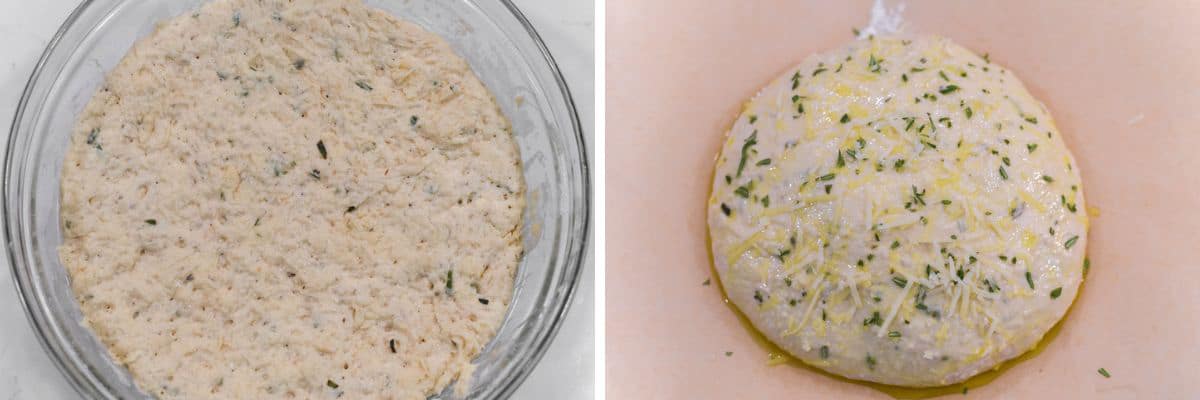 process shots of letting dough rise overnight before brushing with oil and topping with some Parmesan and rosemary