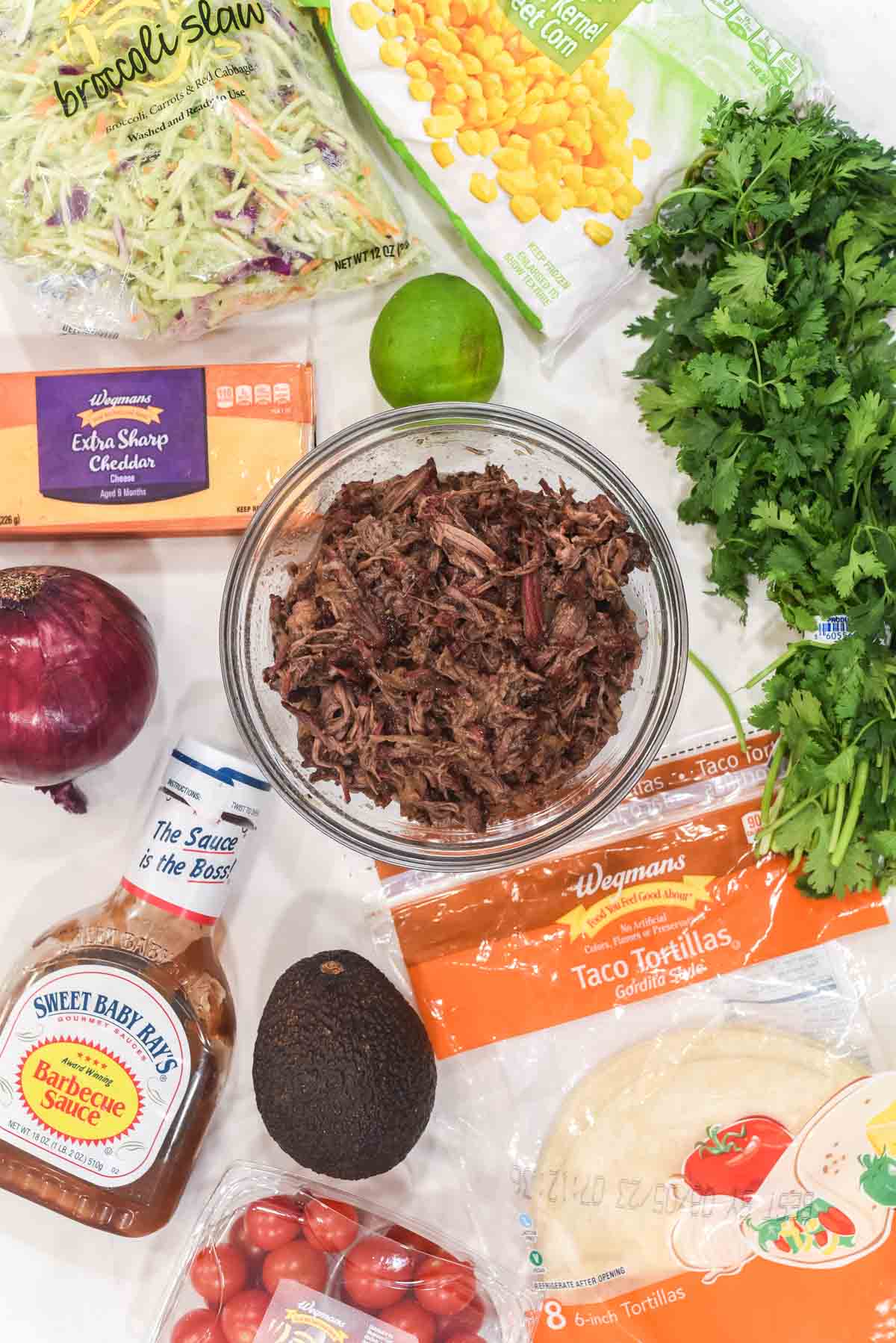 overhead shot of ingredients for smoked pulled beef tacos