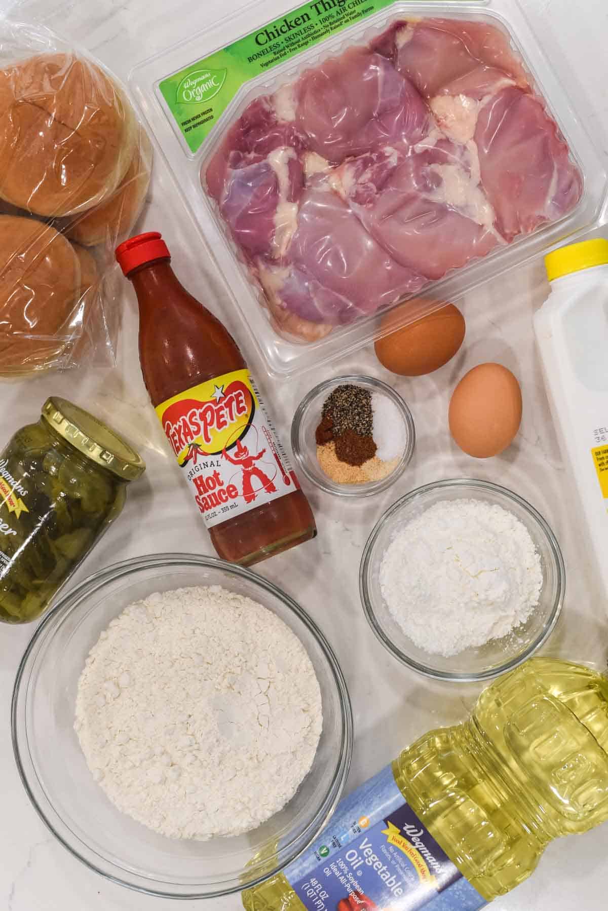 overhead shot of ingredients for buttermilk chicken sandwich