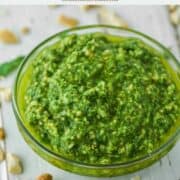 close-up of cashew pesto in glass bowl