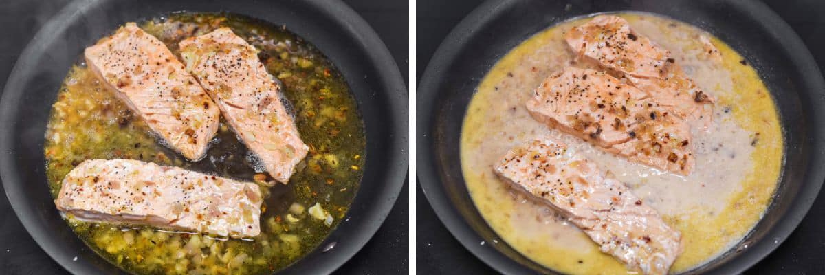 process shots of adding wine to pan to deglaze before adding cream with the salmon