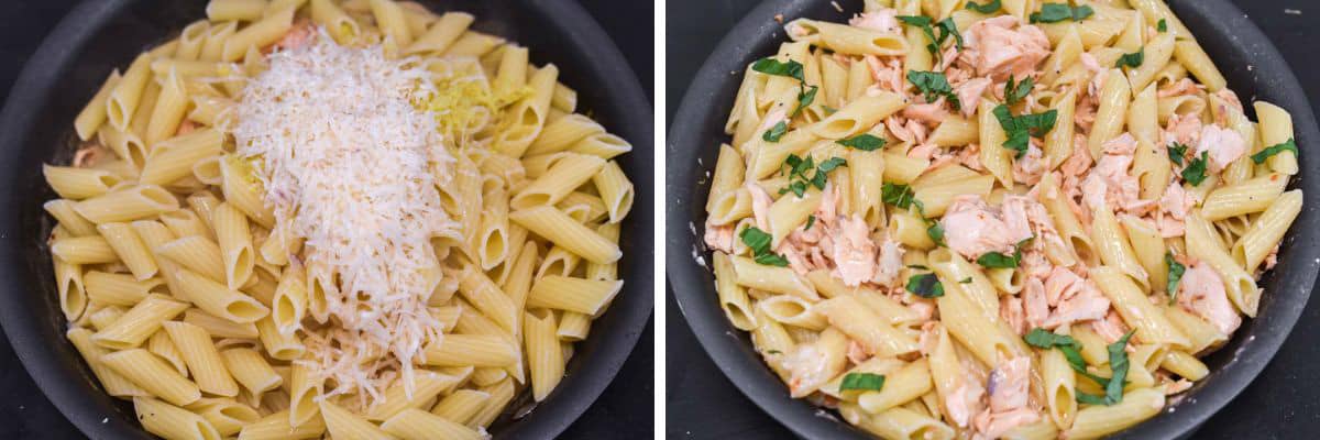 process shots of adding cheese, lemon and lemon zest to the penne before breaking up the salmon and tossing to combine