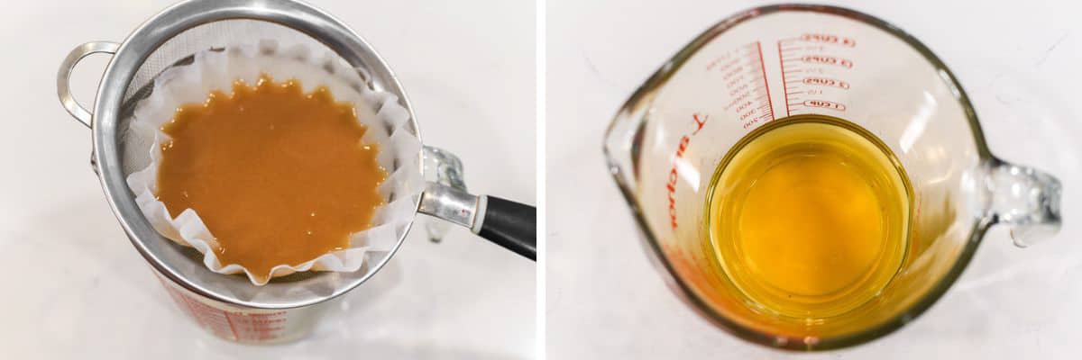 process shots of draining peanut butter whiskey in measuring cup