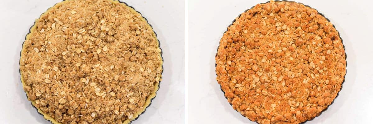 process shots of adding crumble to tart and baking