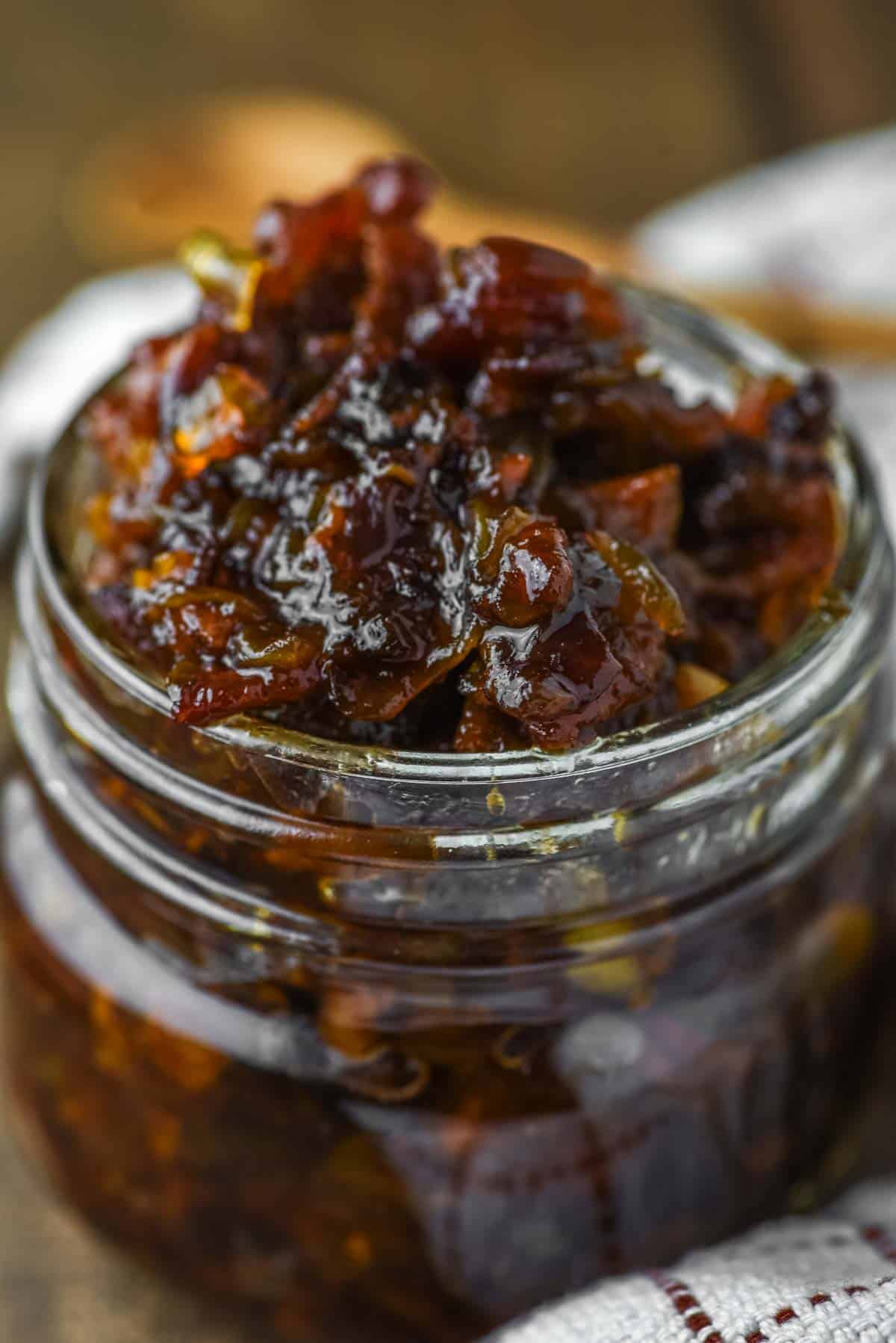 close-up of bacon jam in glass jar