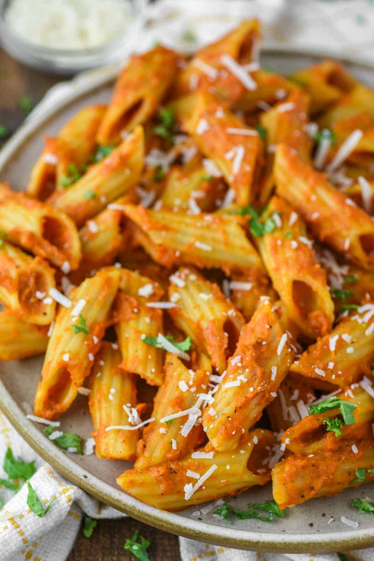 close-up of carrot pasta on plate