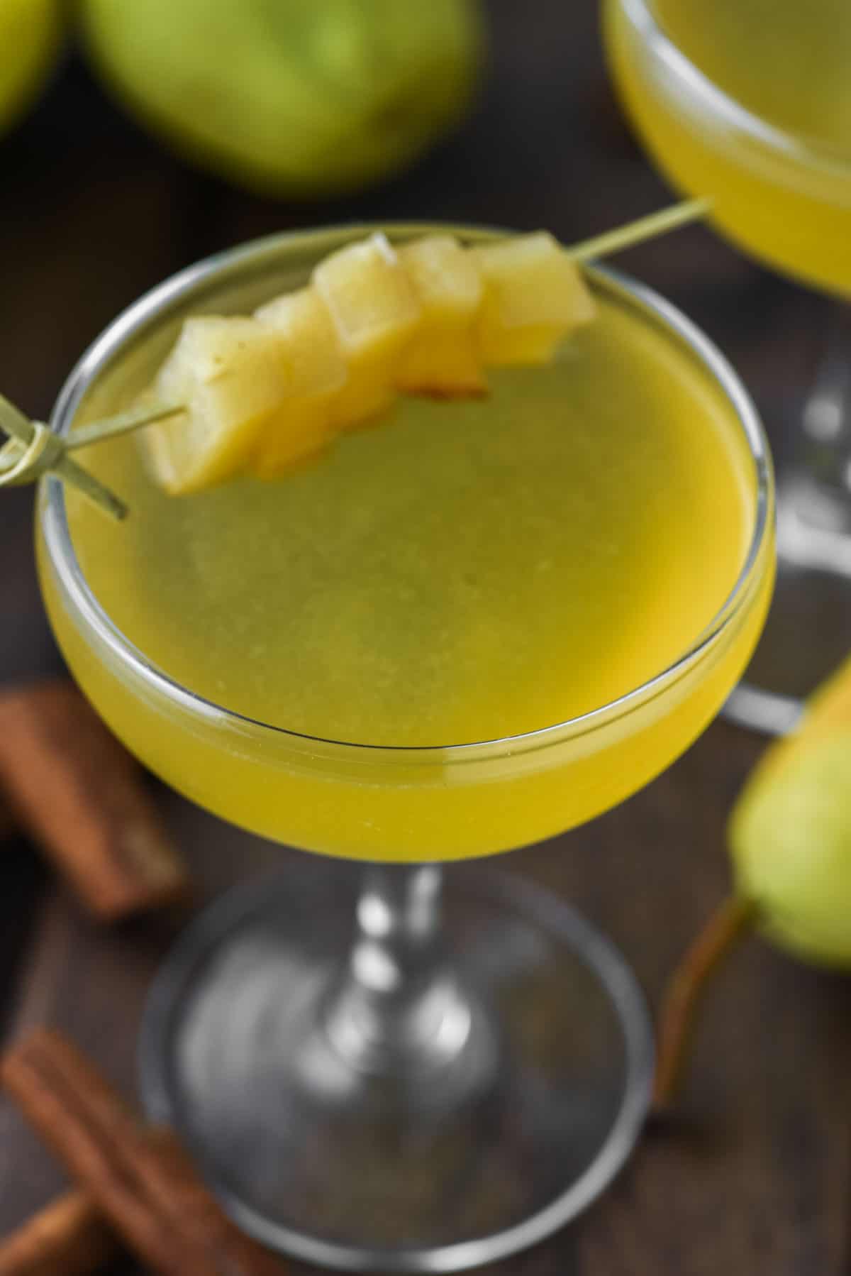 close-up of pear martini in coupe glass