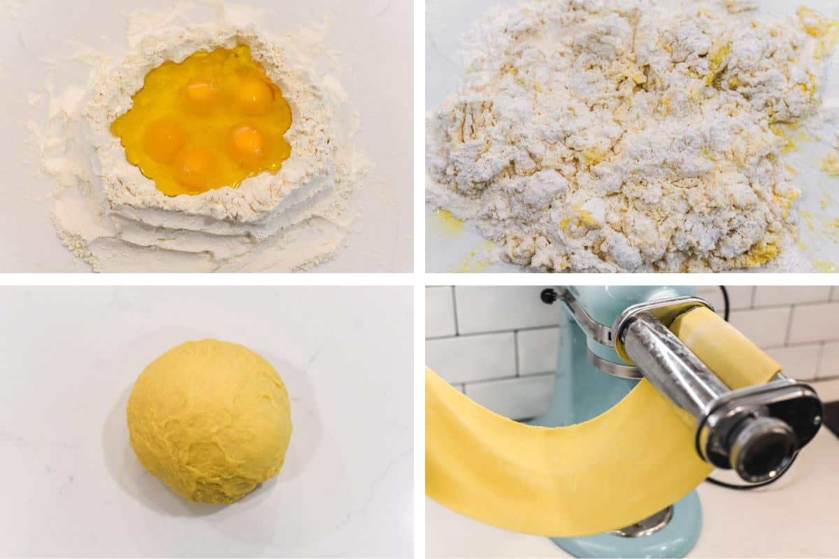 process shots of mixing eggs, flour, oil and salt to form pasta dough and using pasta machine to make sheets