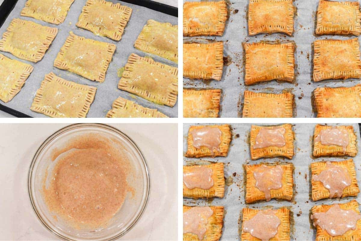 process shots of adding cut pop tart dough on top of the other and pressing before baking then making glaze and drizzling over cooled pop tarts