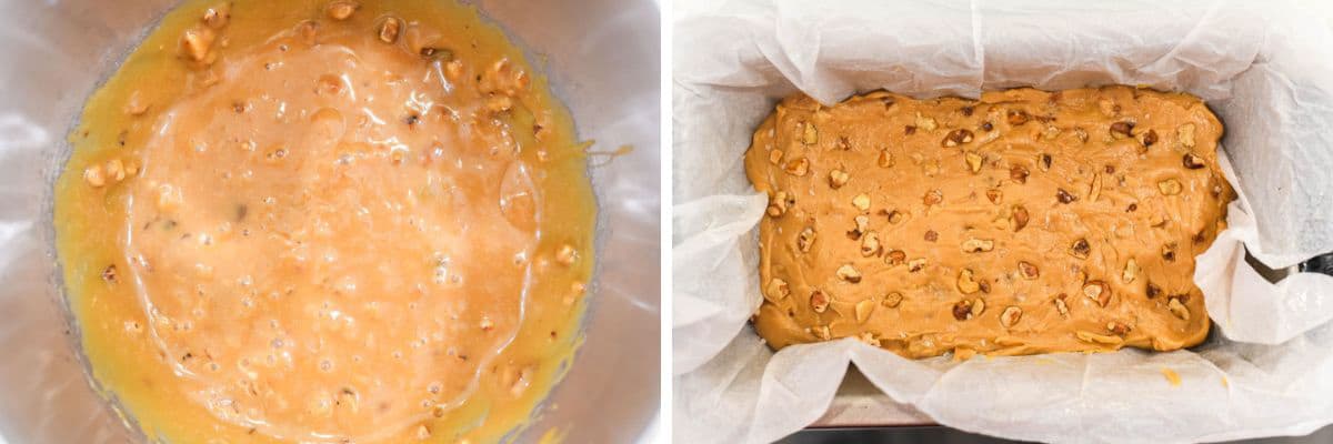 process shots of mixing maple fudge before adding walnuts and transferring to a 9x5 pan to set