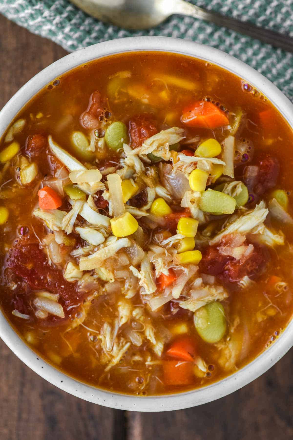overhead shot of Maryland crab soup in bowl