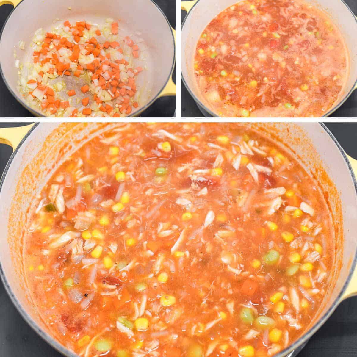 process shots of making maryland crab soup in Dutch oven