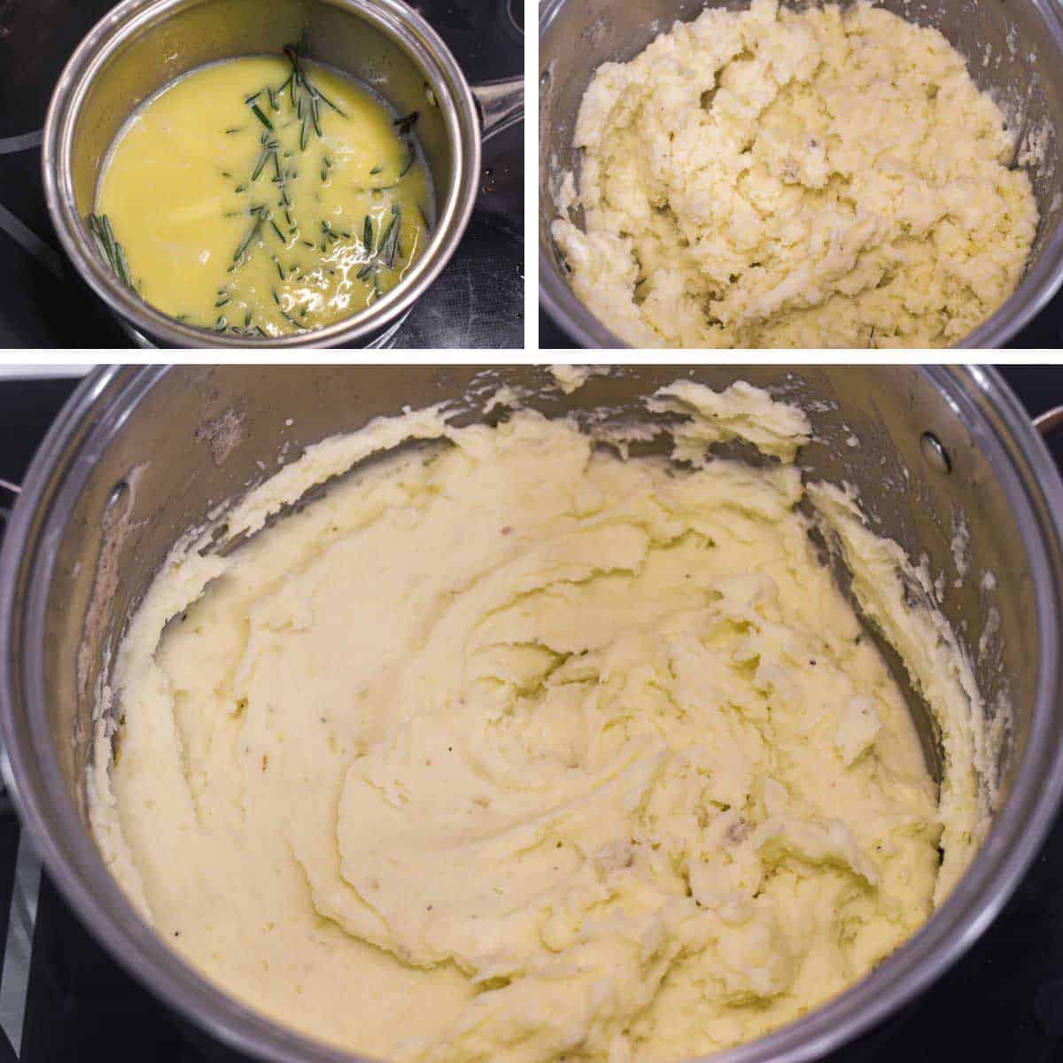 process shots of infusing milk and butter with rosemary before mashing potatoes and adding the rest of the ingredients
