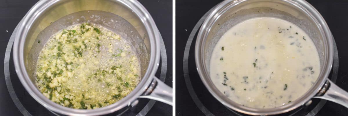 process shots of heating cream ingredients in saucepan