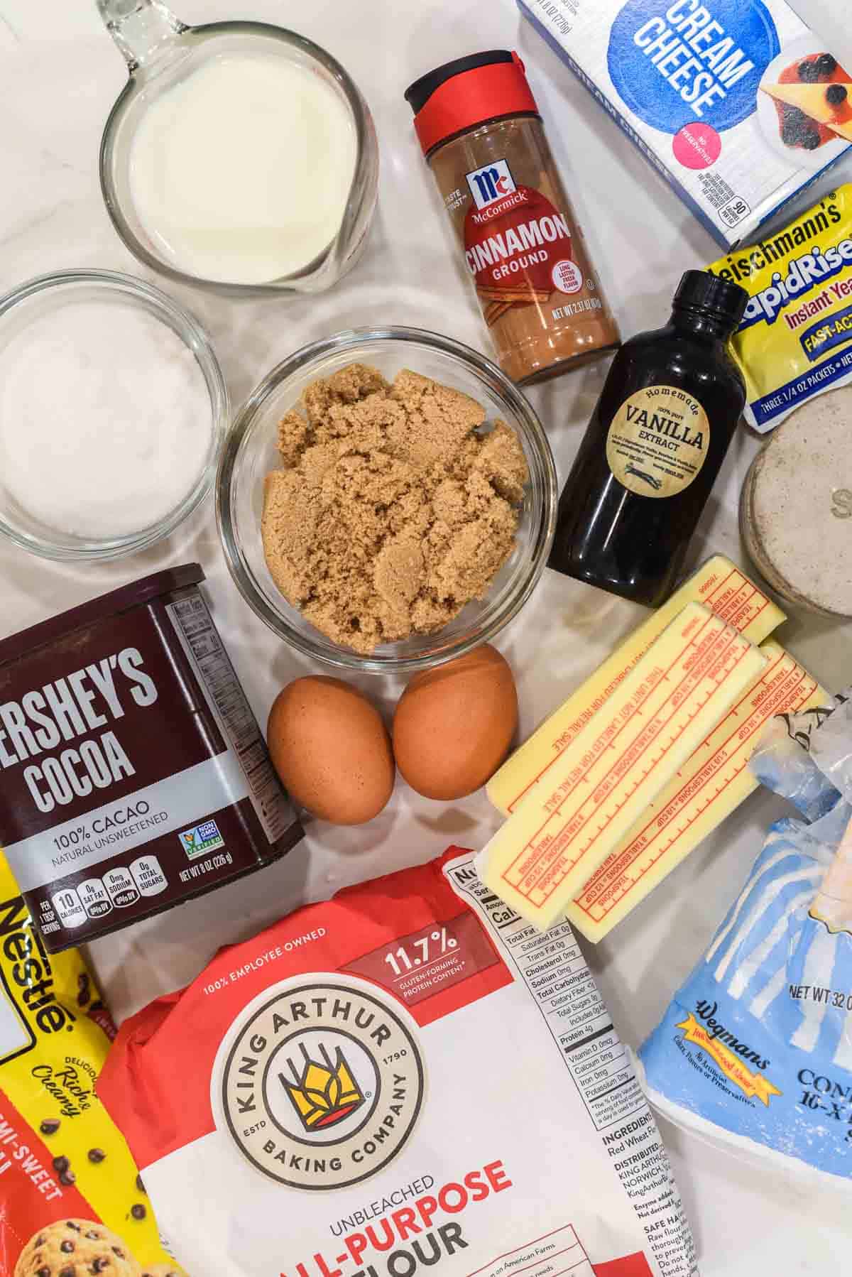 overhead shot of ingredients for chocolate cinnamon rolls