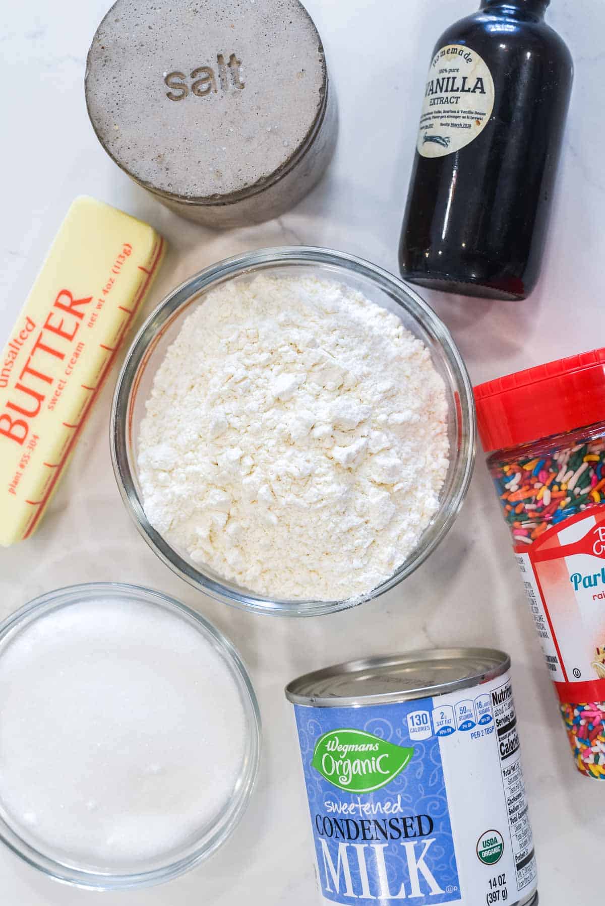 overhead shot of ingredients to edible sugar cookie dough