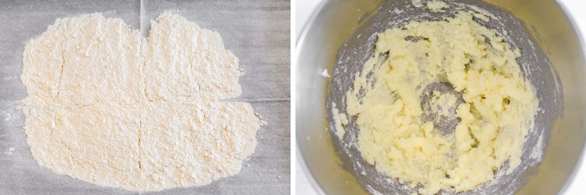 process shots of baking flour on baking sheet and beating together butter and sugar in a bowl