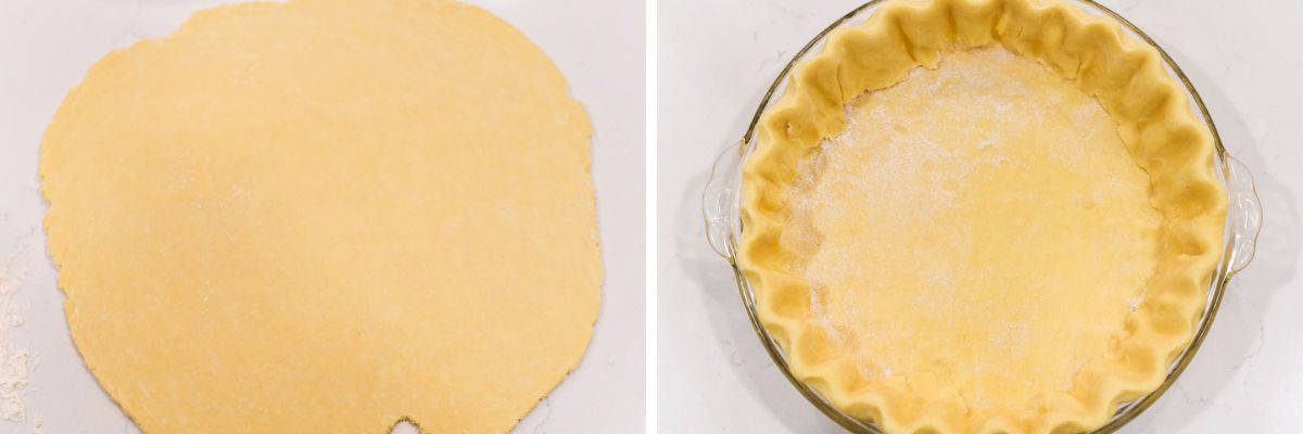 process shots of rolling out quiche dough and placing on pie plate