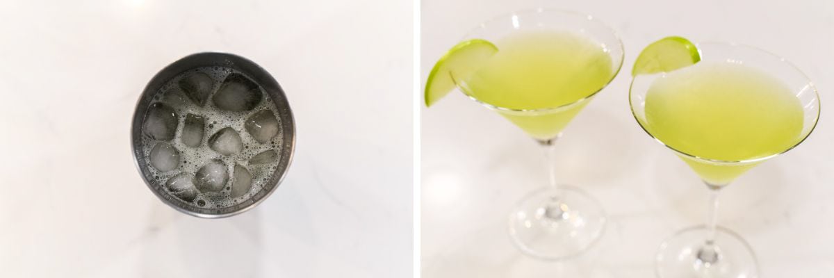 process-shots of making sour apple martini in cocktail shaker and pouring in glass