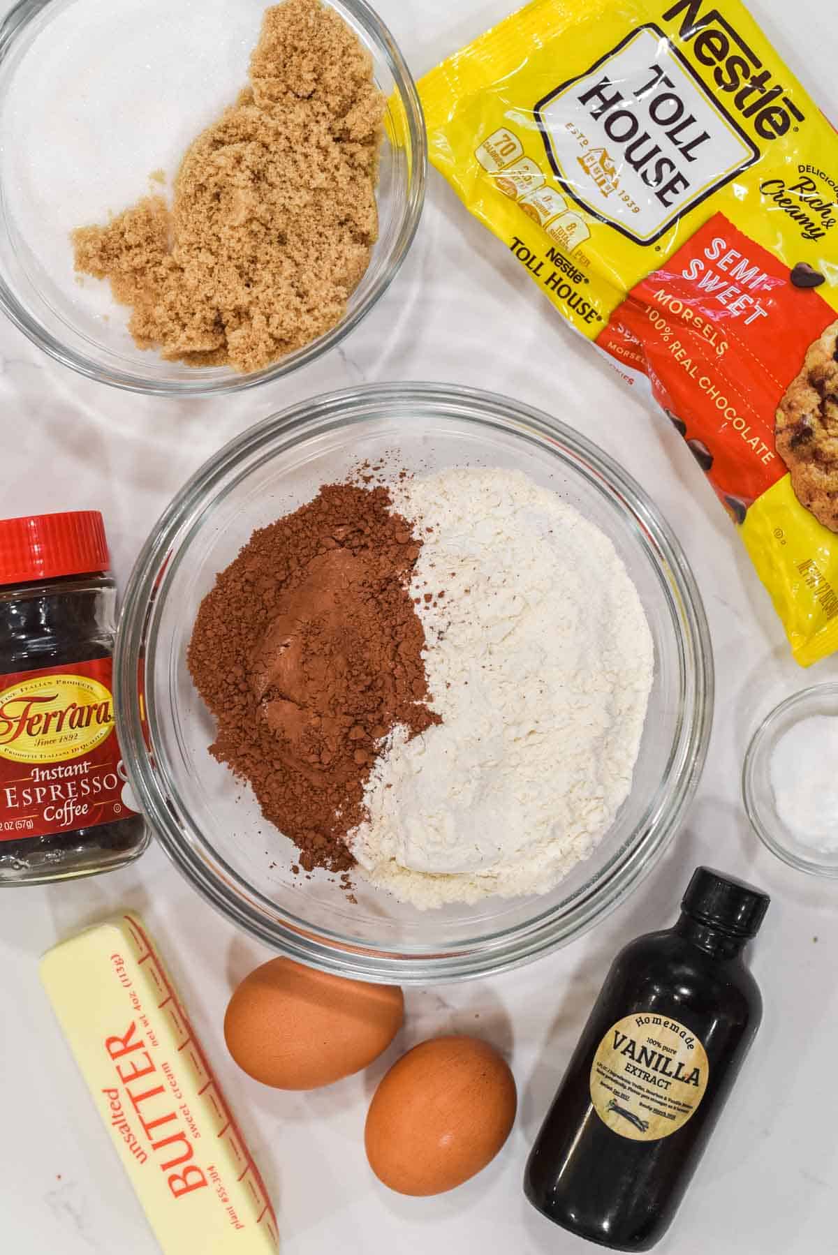 overhead shot of ingredients for brownie crinkle cookies