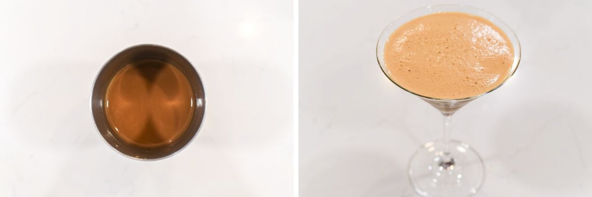 process shots of shaking ingredients for espresso martini in cocktail shaker and pouring in glass