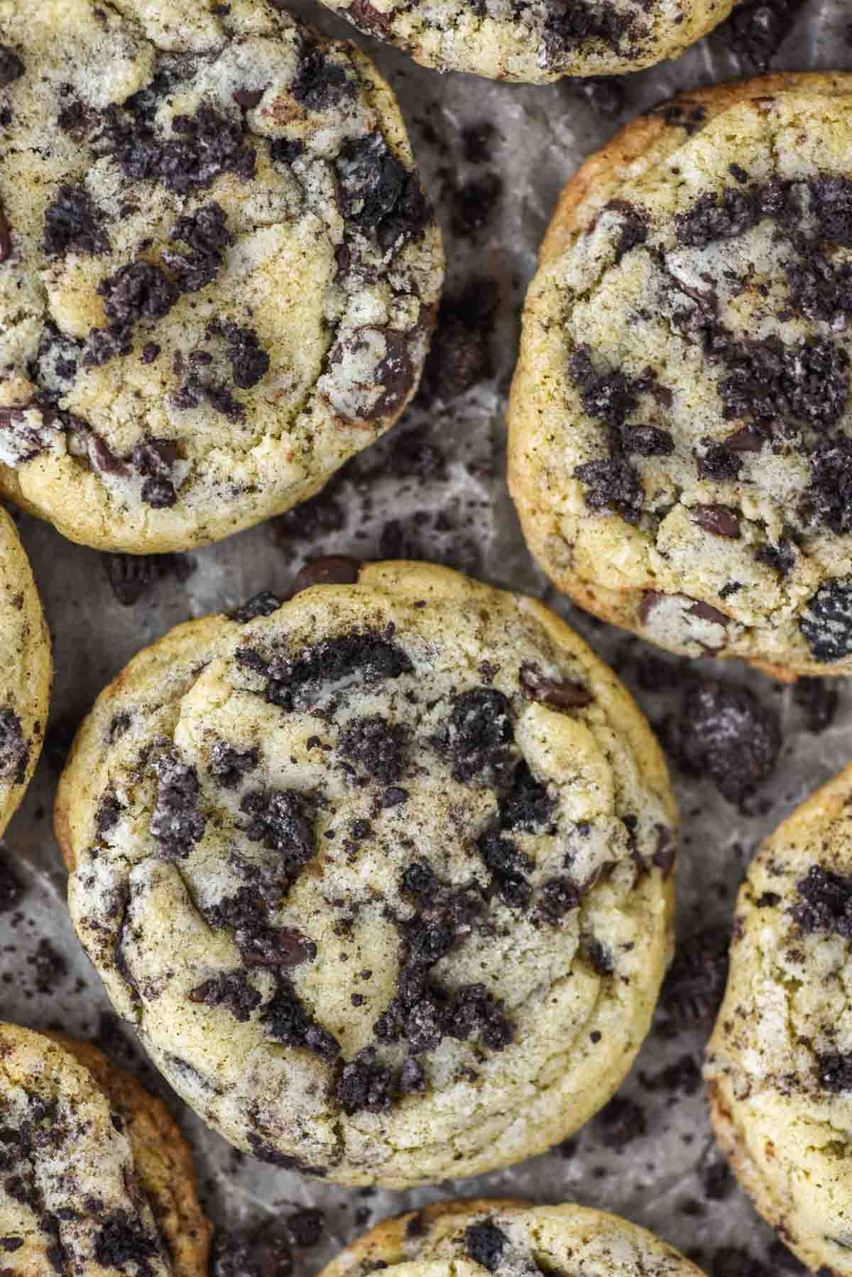overhead shot of Oreo and chocolate chip cookies