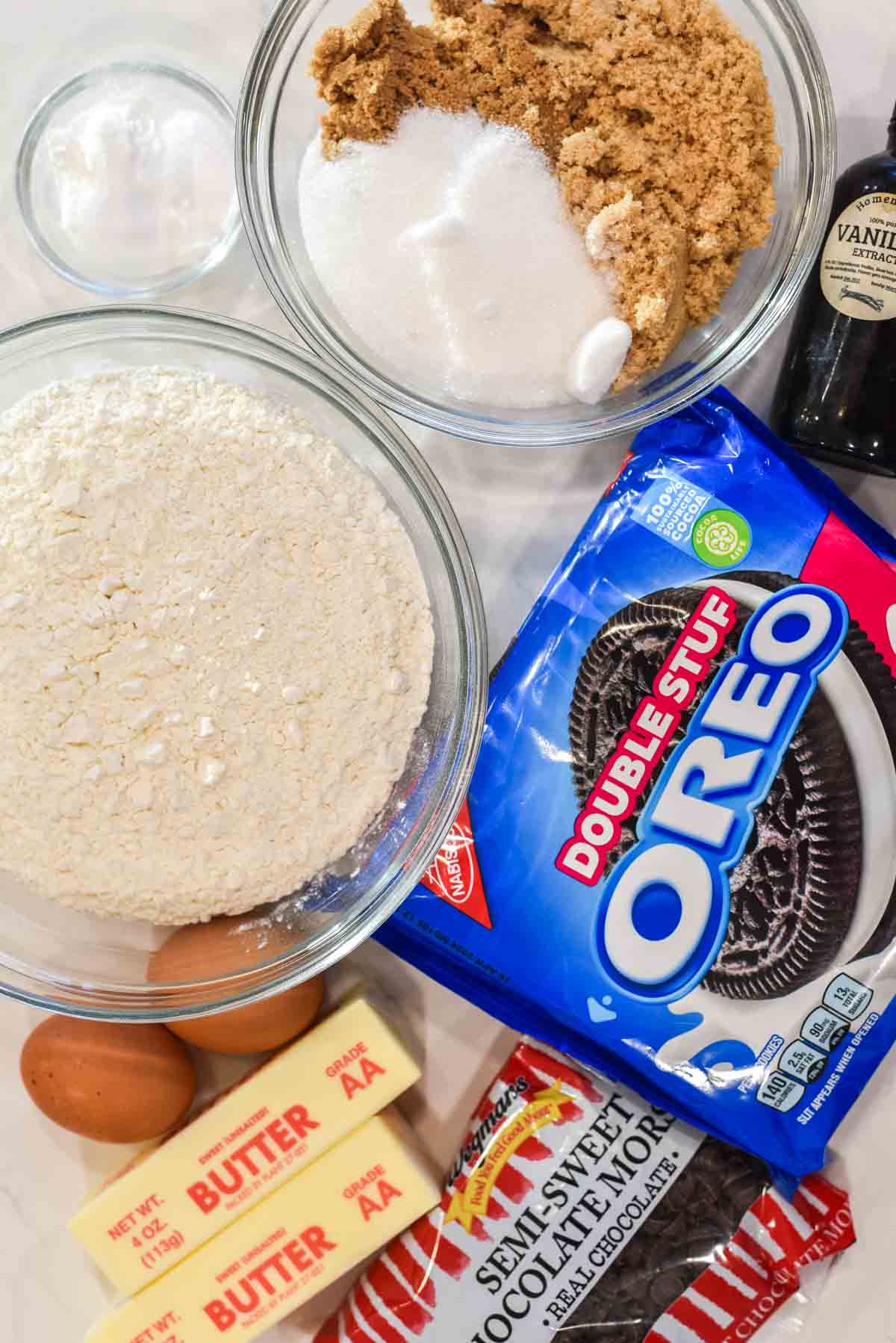 overhead shot of ingredients for oreo and chocolate chip cookies