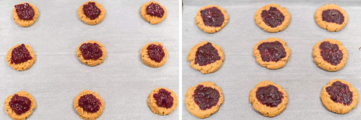 process shots of adding dollop of jam on each cookie and baking