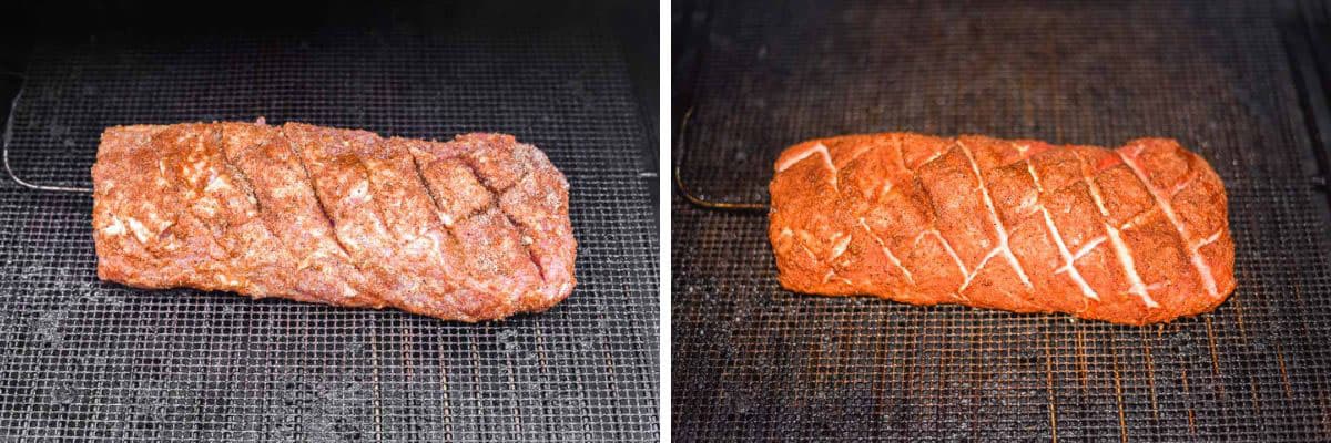 process shots of adding pork loin to smoker and smoking